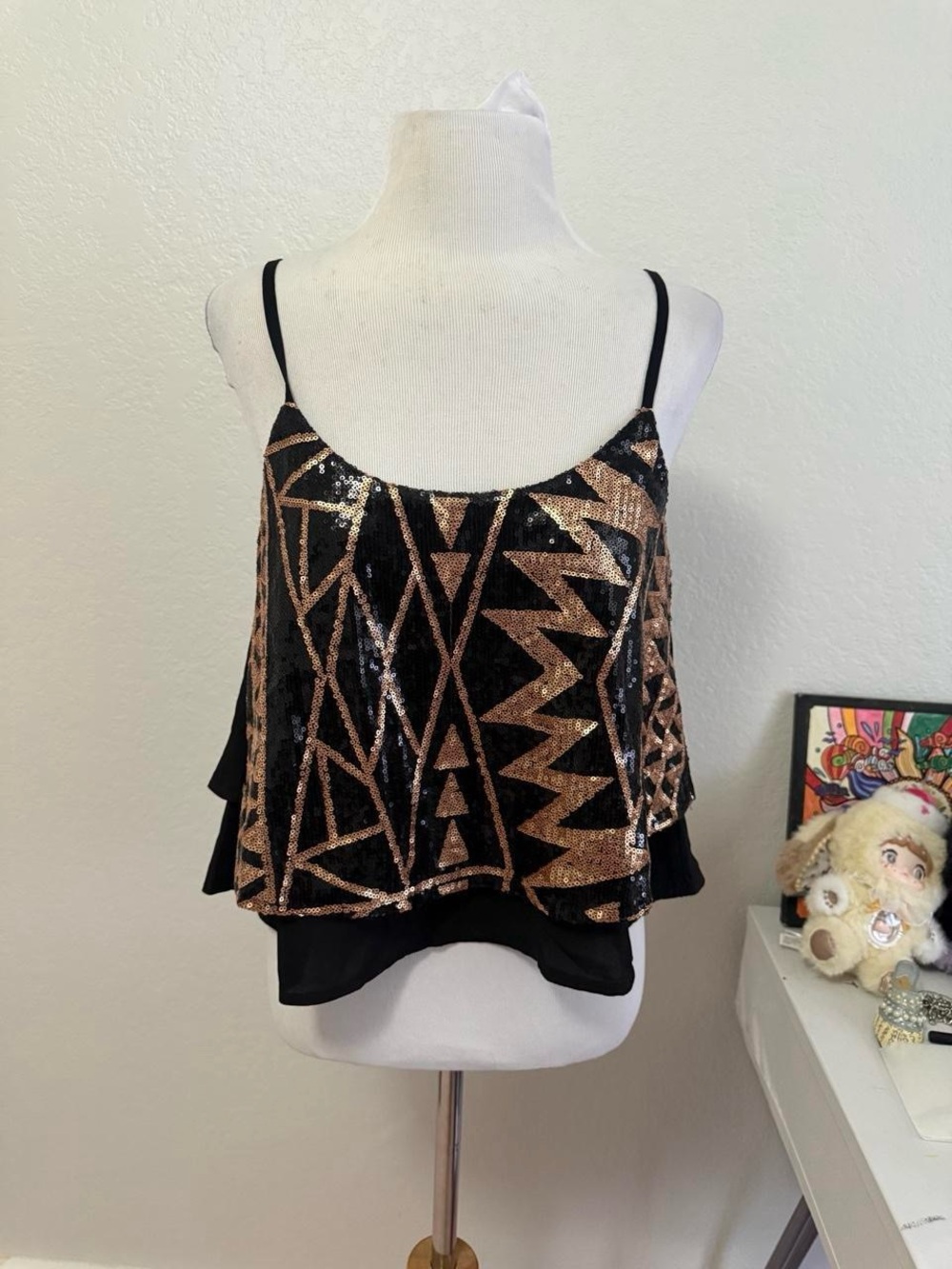 Toska Black Cami with Gold Sequin Geometric Pattern